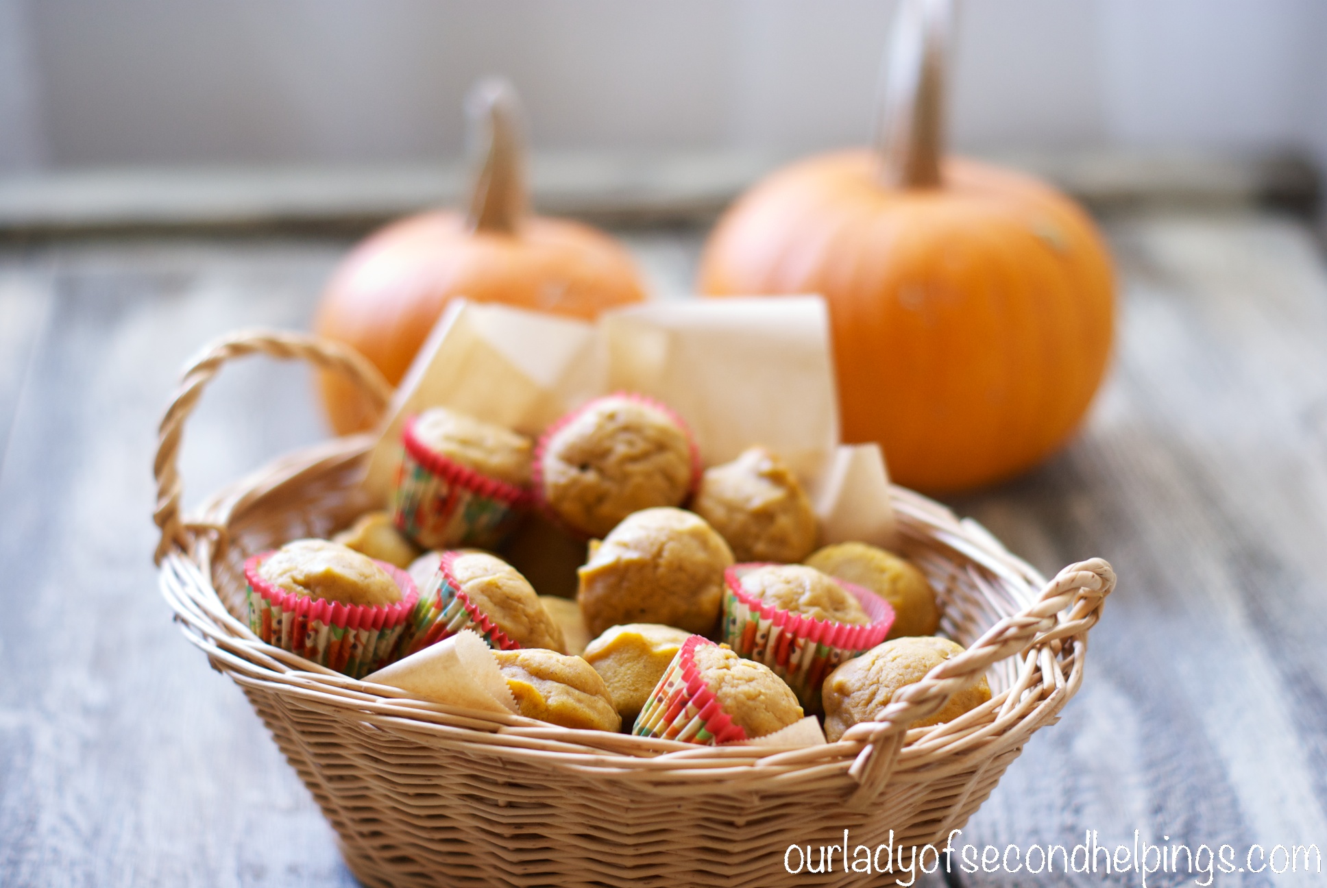 Pumpkin Spice Mini Muffins Basket of mini muffins and pumpkins
