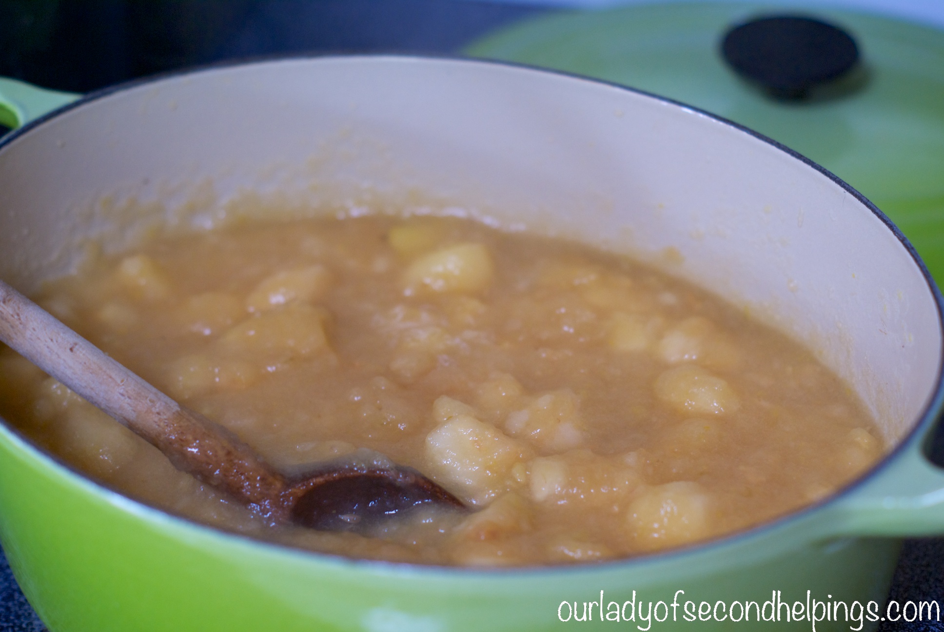 Making Honey Lemon Apple Jam Cooked Apples in a Green Dutch Oven