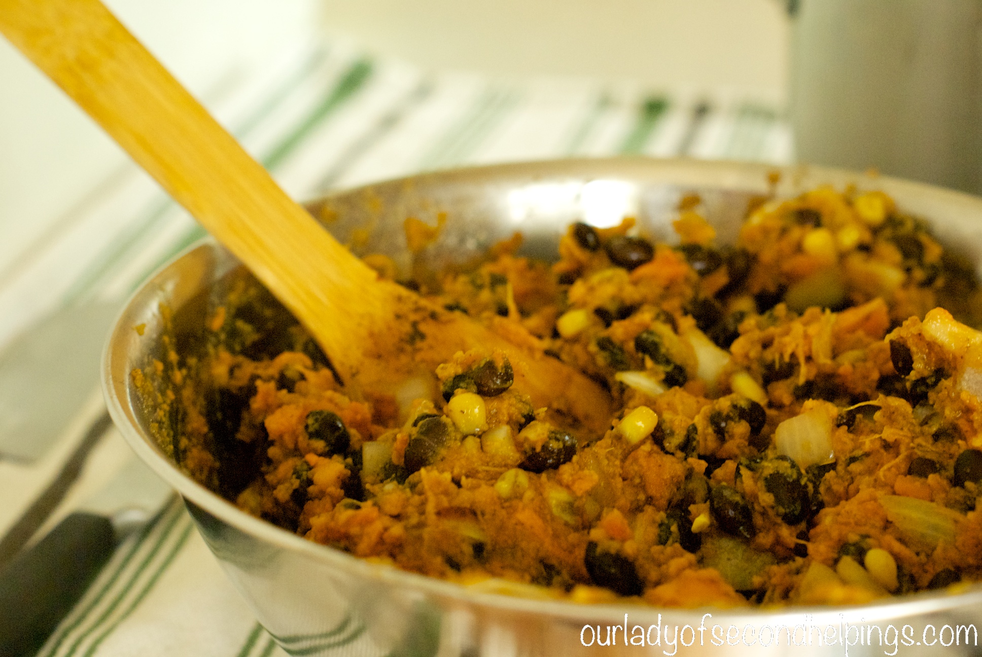 Mixture of sweet potato, beans, corn, and spices