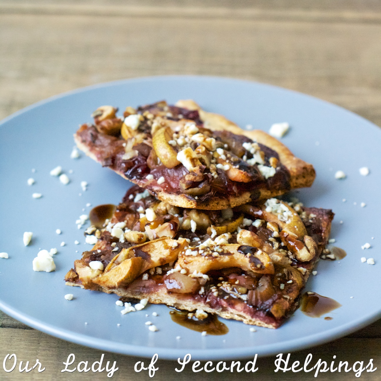 Whole Wheat Pizza with pears, walnuts, cranberry, caramelized veggies