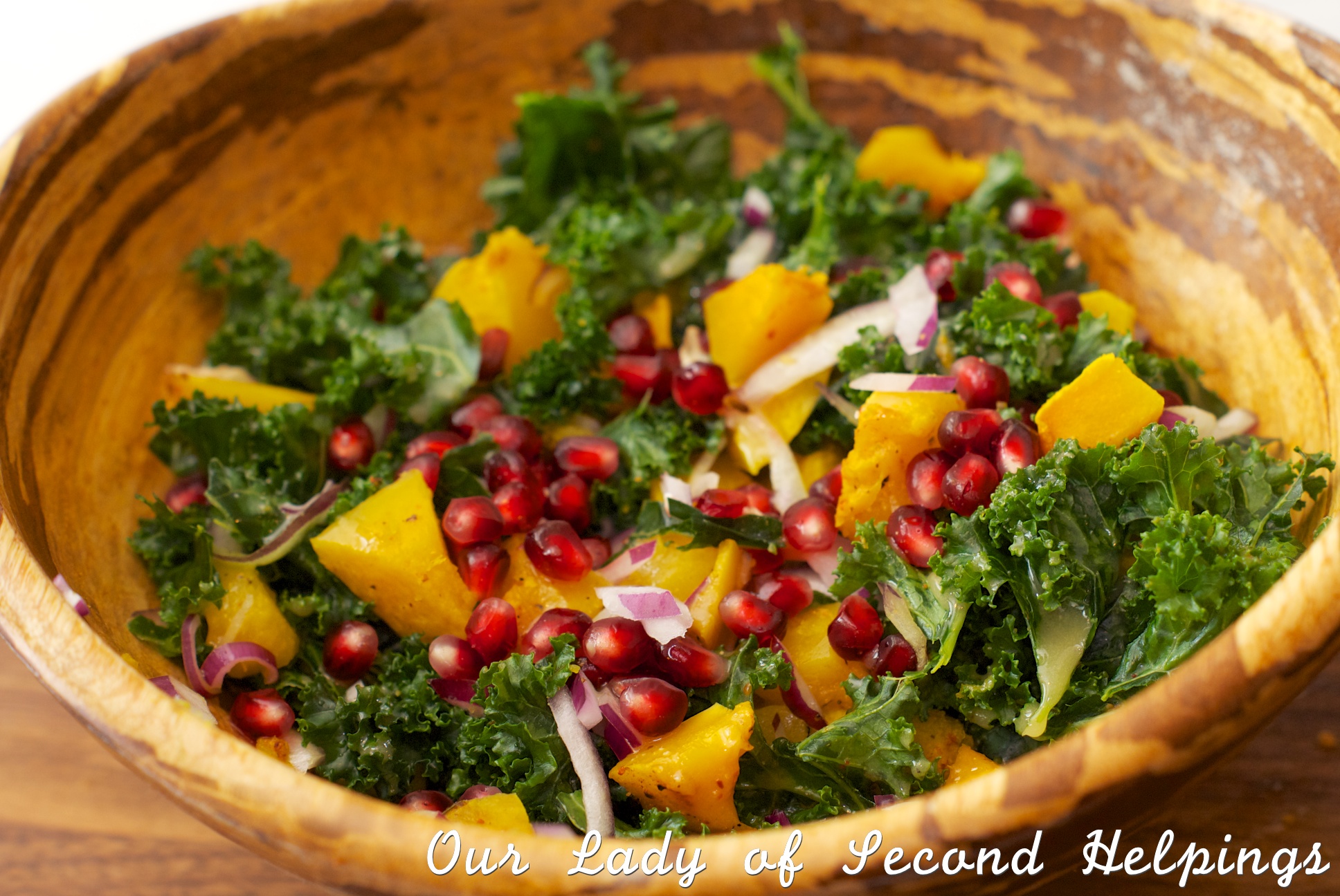 Holiday Salad - Kale, Roasted Squash, Pomegranate Salad with autumn vegetables and fruit