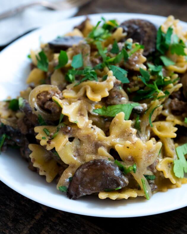 1-skillet hamburger stroganoff with mushroom is a healthier way to enjoy the simplicity of a boxed mix. Easy recipe to modify for vegetarian or dairy-free.