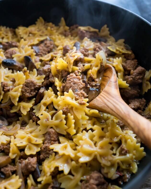 1-skillet hamburger stroganoff with mushroom is a healthier way to enjoy the simplicity of a boxed mix. Easy recipe to modify for vegetarian or dairy-free.