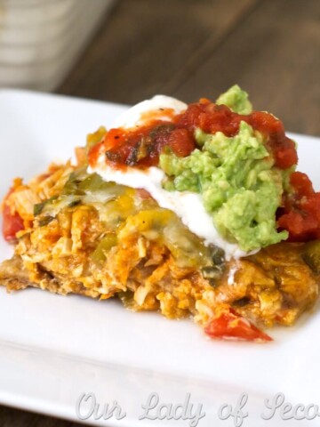 Chicken & sweet potato layered enchiladas - cut calories and still enjoy the enchiladas you love. Use leftover chicken to make this recipe quick & easy!