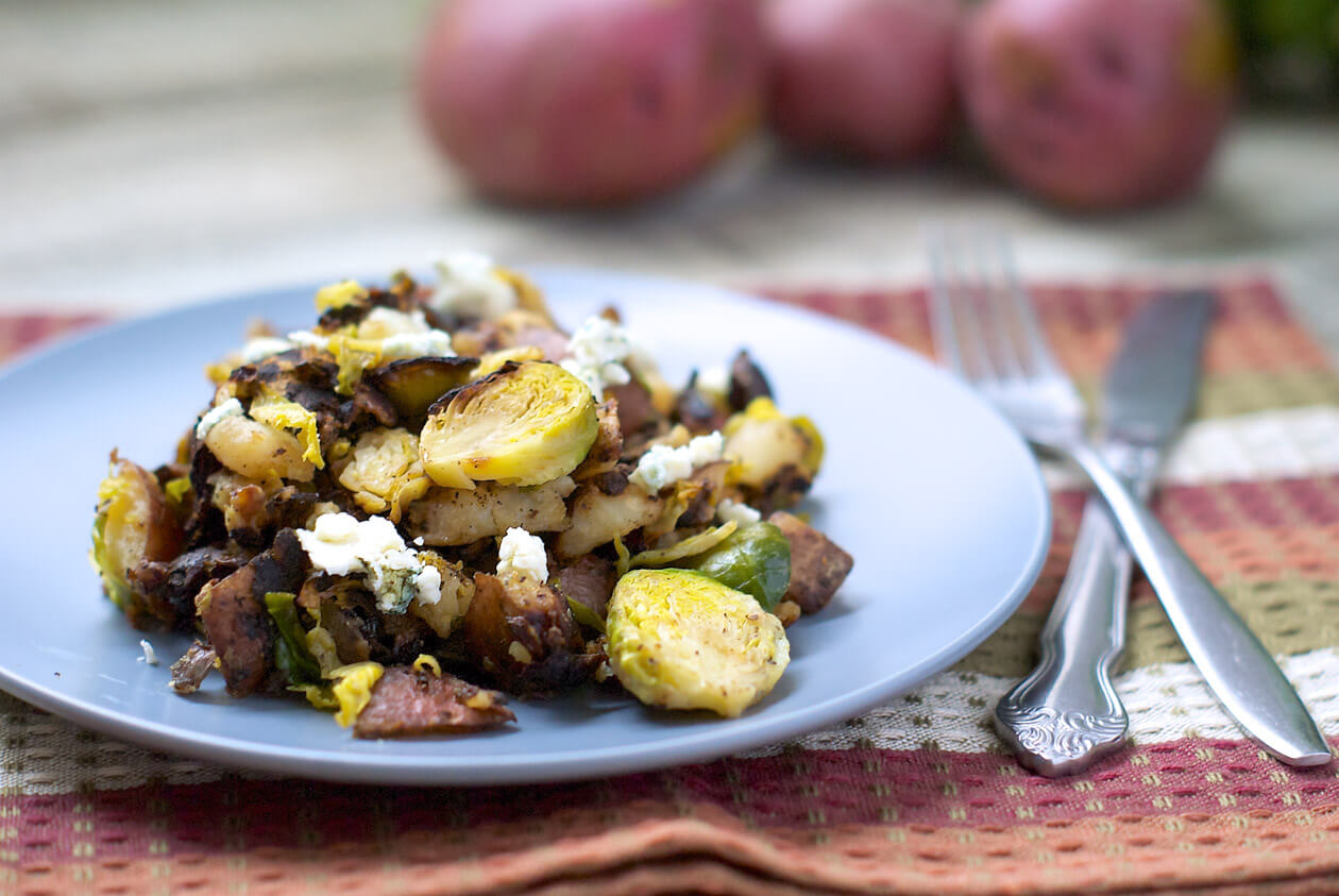 Gorgonzola-Brussels Sprout Hash; turn simple fall vegetables into a gourmet comfort food perfect for any meal of the day. Add an egg for a healthy meal.