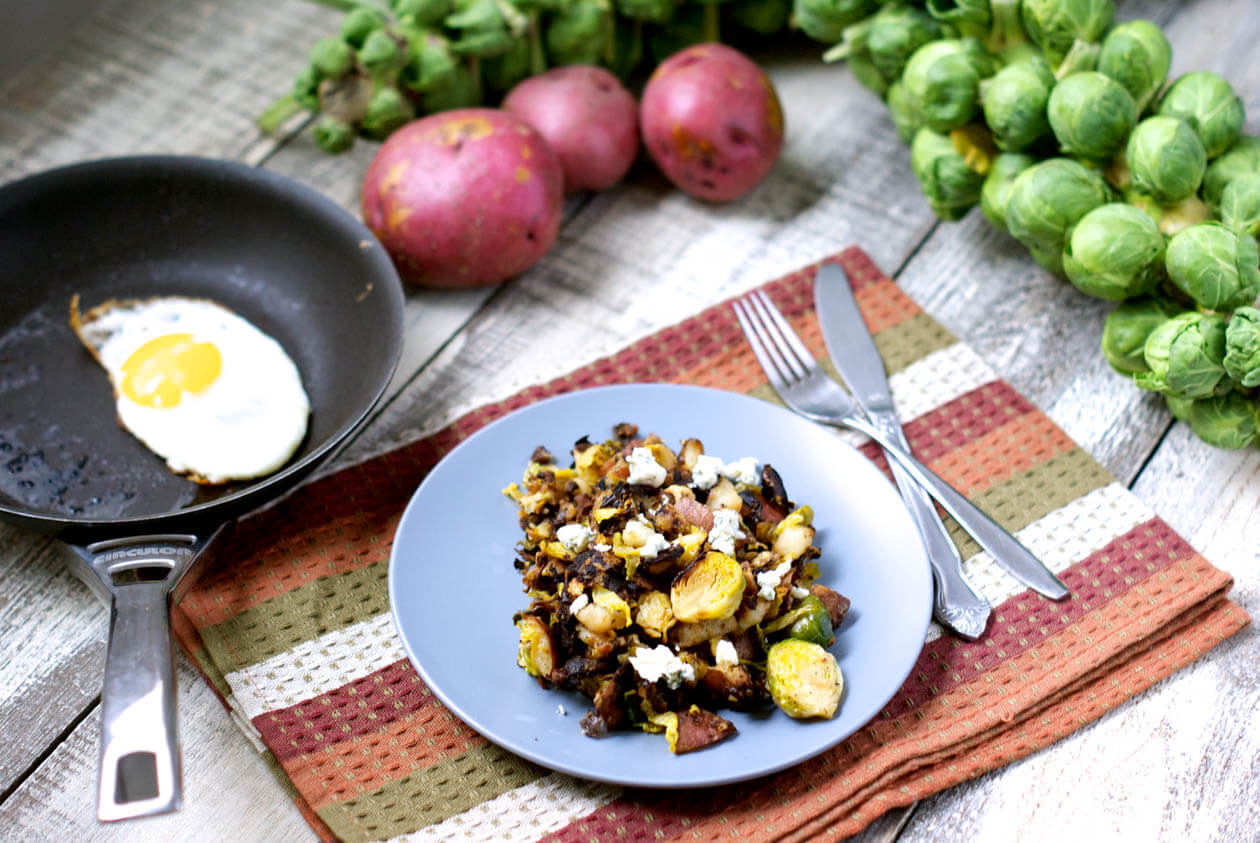 Gorgonzola-Brussels Sprout Hash; turn simple fall vegetables into a gourmet comfort food perfect for any meal of the day. Add an egg for a healthy meal.