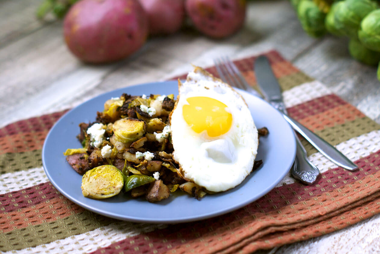 Gorgonzola-Brussels Sprout Hash; turn simple fall vegetables into a gourmet comfort food perfect for any meal of the day. Add an egg for a healthy meal.
