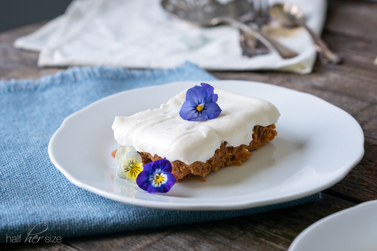 Super easy 3 ingredient carrot cake using a short-cut on a classic carrot cake recipe. Comes out super moist, so sweet, and right on the verge of ooey-gooey. Perfect for anyone looking for healthier dessert recipes.
