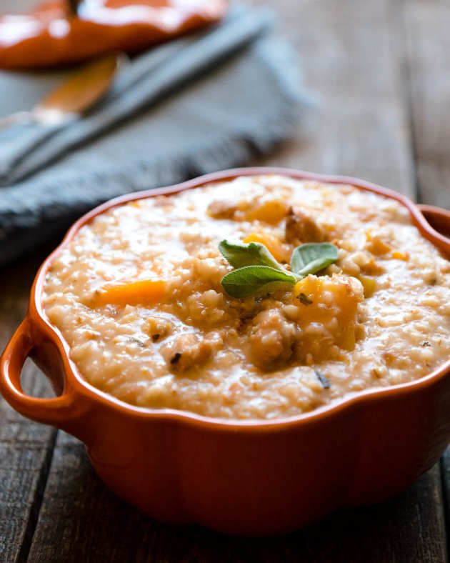 Slow cooker Oat Risotto with sausage and butternut squash