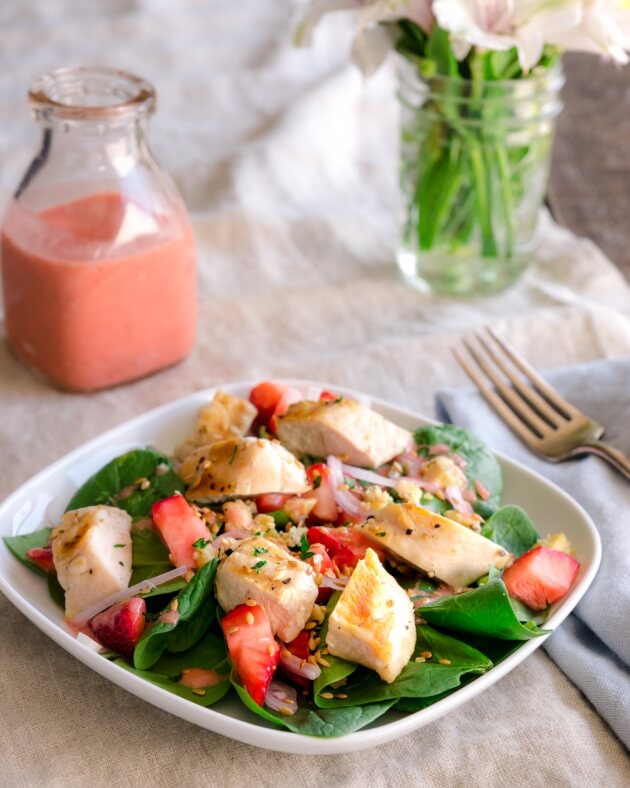 Celebrate the desire to eat light in spring and summer with this gorgeous spinach salad with grilled chicken and strawberries.