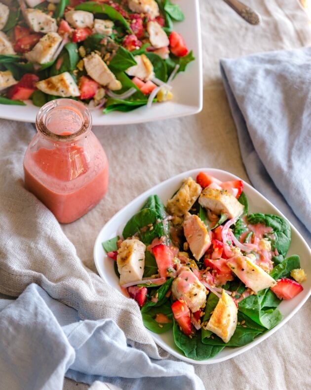 Celebrate the desire to eat light in spring and summer with this gorgeous spinach salad with grilled chicken and strawberries.