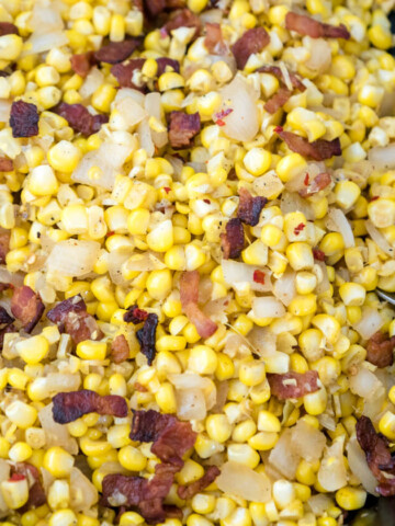 Fresh corn with bacon is the exact right balance of tender and crispy and salty with starchy sweet. An easy recipe for a healthy comfort food side dish.
