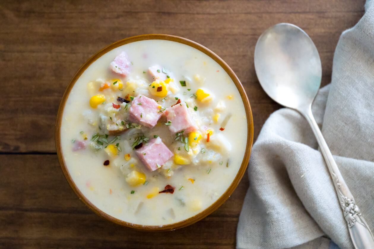 Easy ham-corn chowder is healthy comfort food for busy days. Enjoy the final days of summer and get excited about fall, with this quick soup recipe.