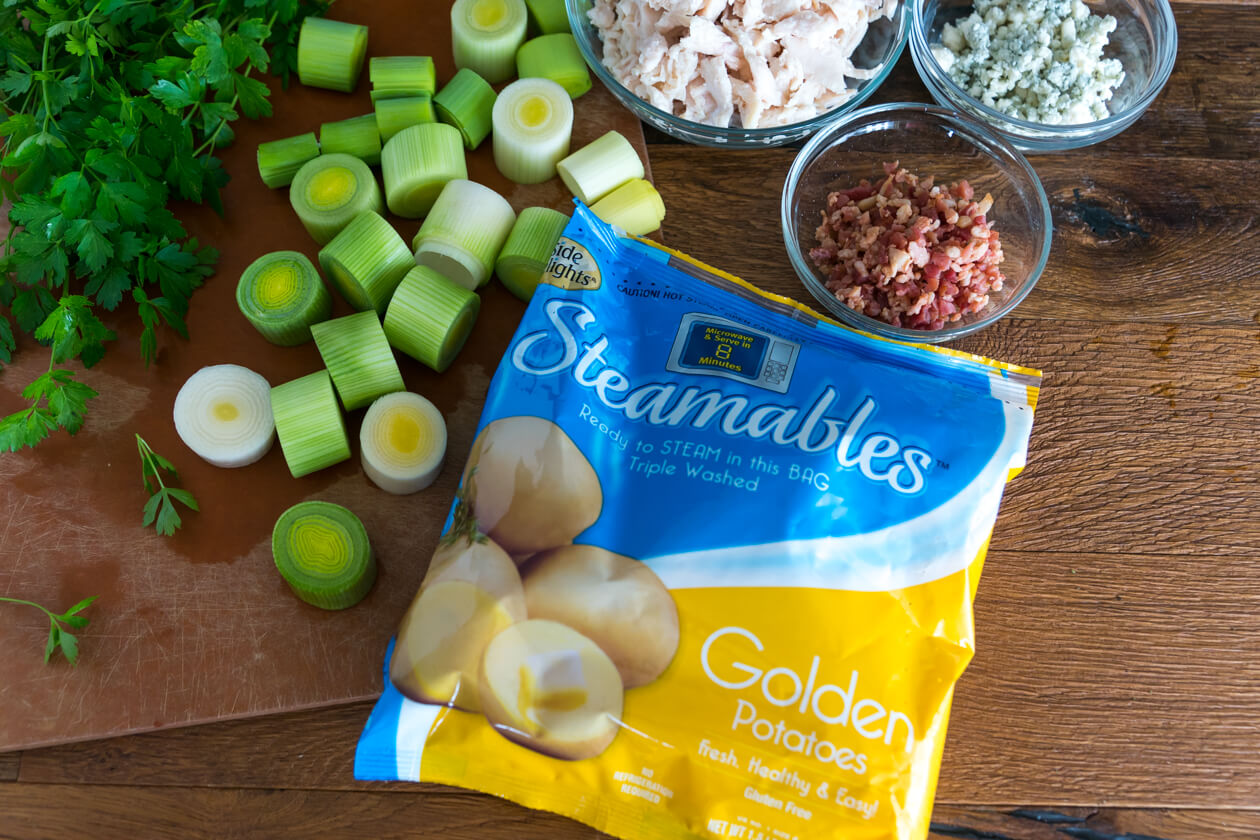 Potato lovers rejoice! Quick chicken bacon potato bowl with buttery leeks is healthy comfort food you can make in minutes.